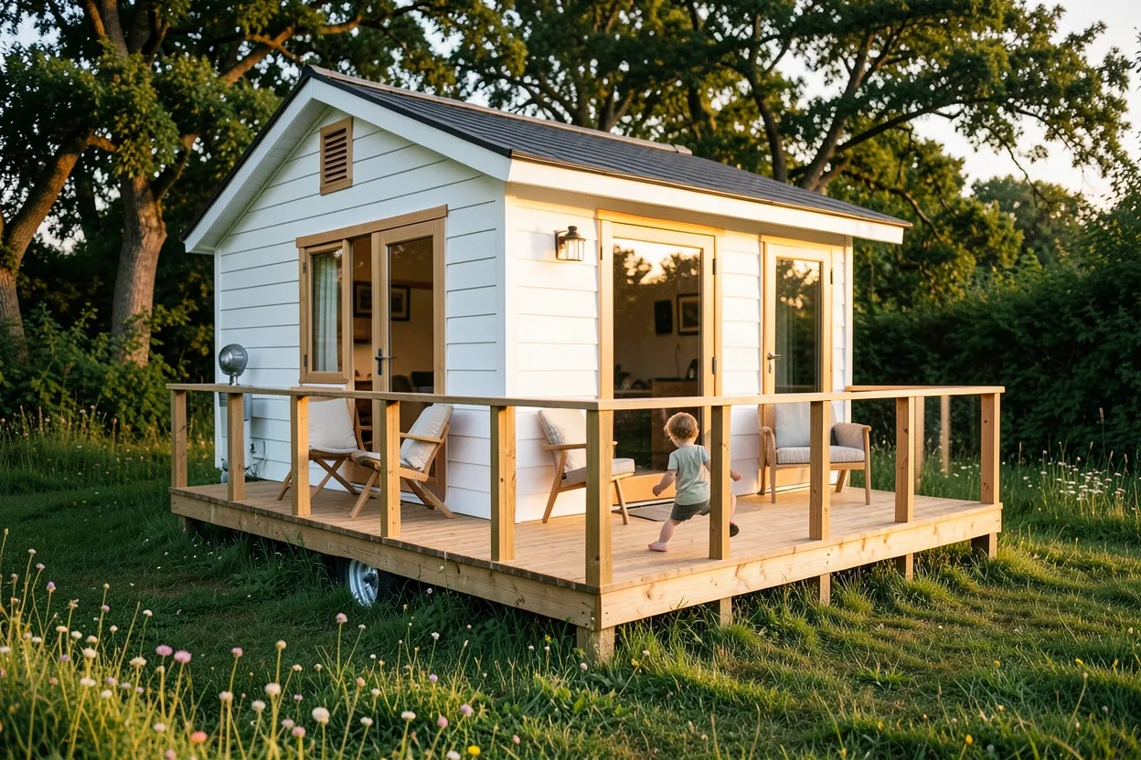 Bright tiny house interior with toddler-safe furniture, low Montessori floor bed, vertical toy storage, and warm neutral decor in a compact family living space