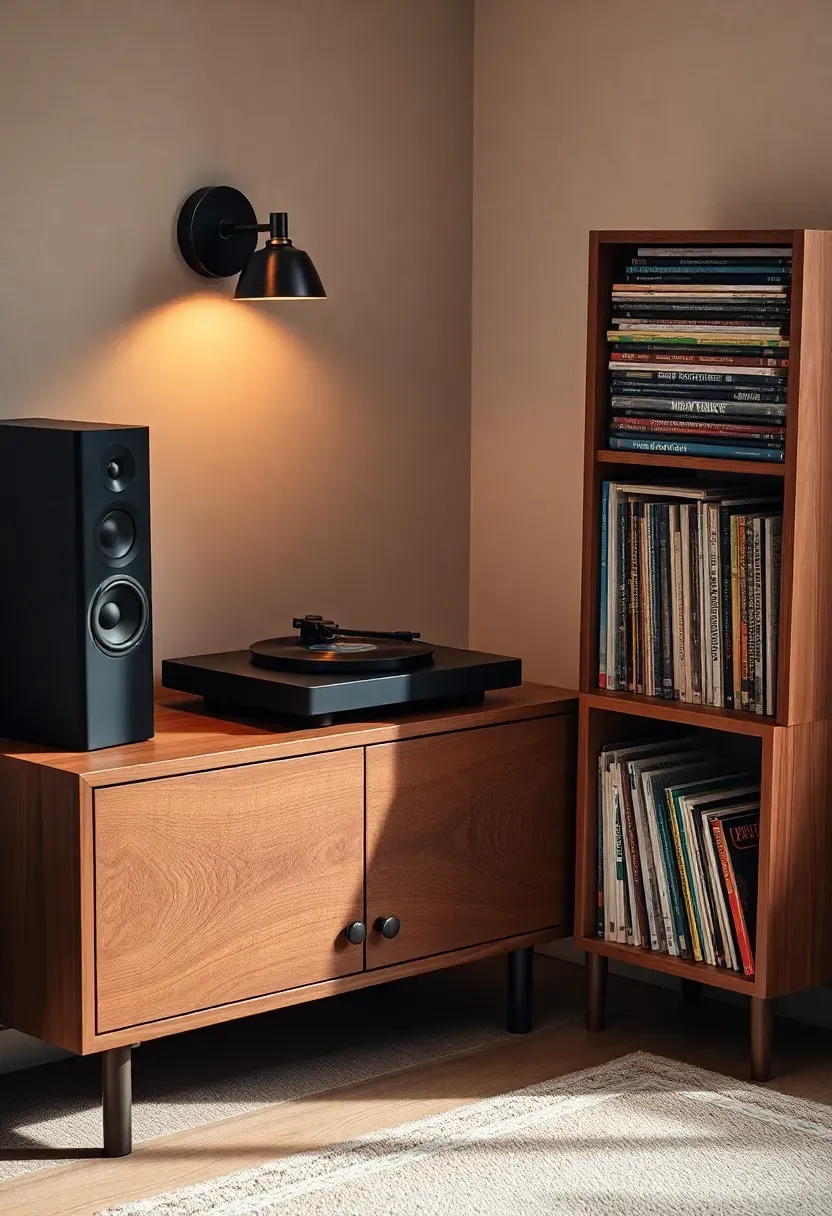cozy basement corner with turntable on a wooden credenza flanked by speakers and vinyl record storage