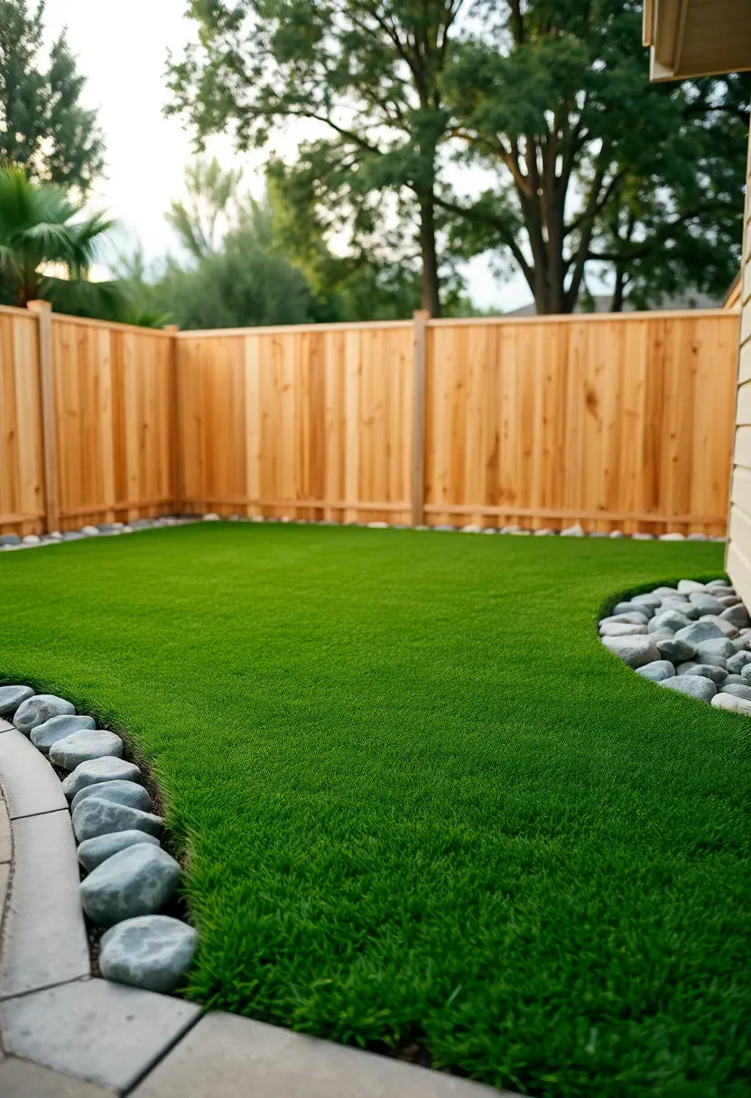 Full synthetic turf lawn covering a flat suburban backyard with a border of river rock and a wooden fence