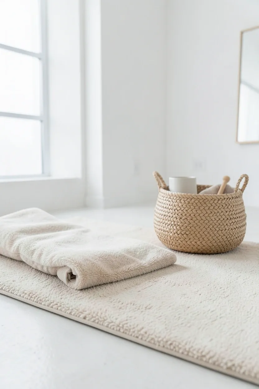 Minimal gym room with plush yoga mat, woven storage basket for foam roller, and a cotton towel — soft textures adding warmth without visual clutter
