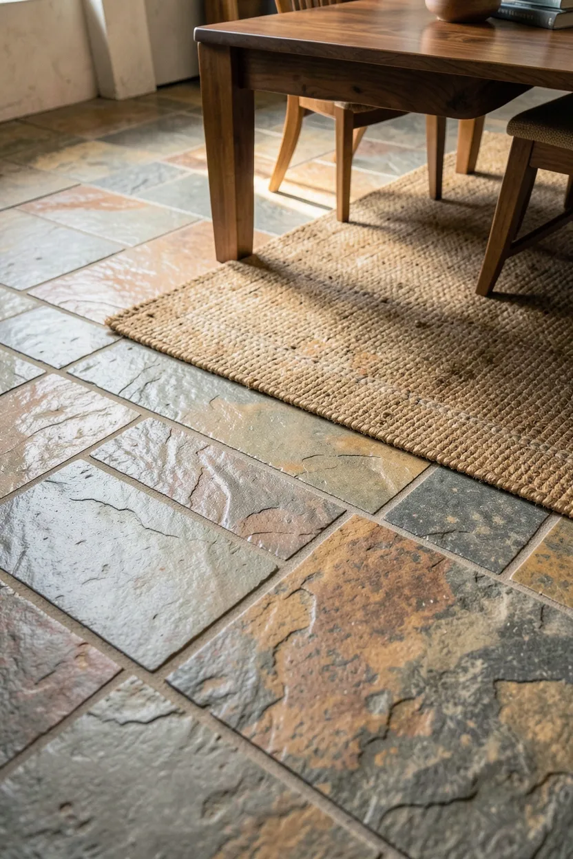 Polished concrete floor in a living room warmed by a large jute rug, wood furniture, and layered linen textiles