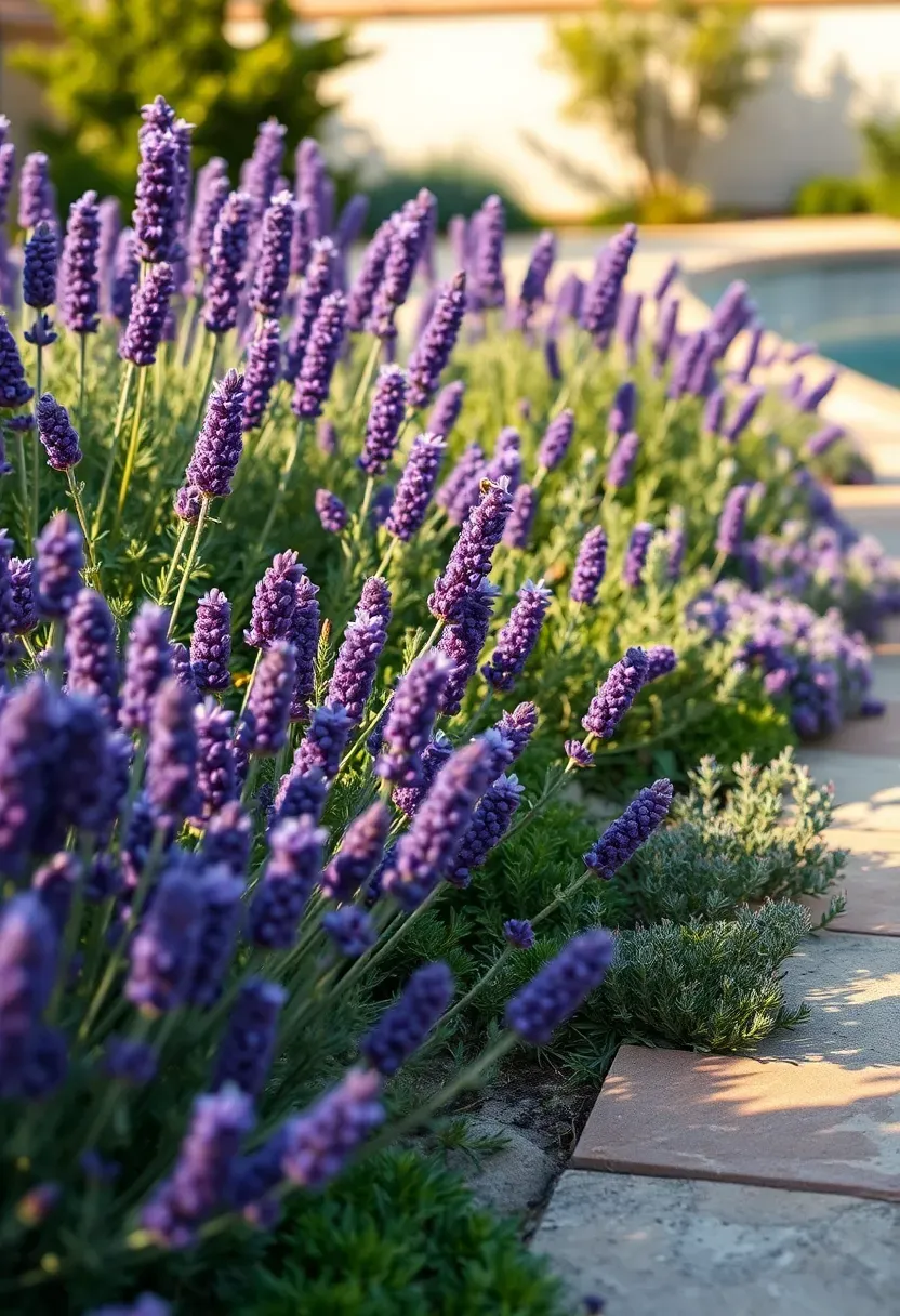Poolside herb garden border with blooming lavender, rosemary bushes, thyme groundcover, and sage plants along natural stone pool coping