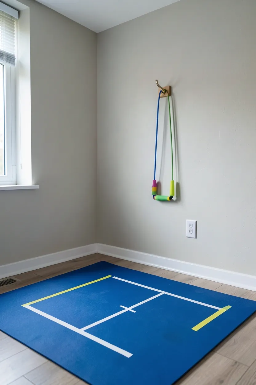Speed jump rope coiled on a wall hook with a rubber mat below in a small apartment hallway — compact cardio station for renters