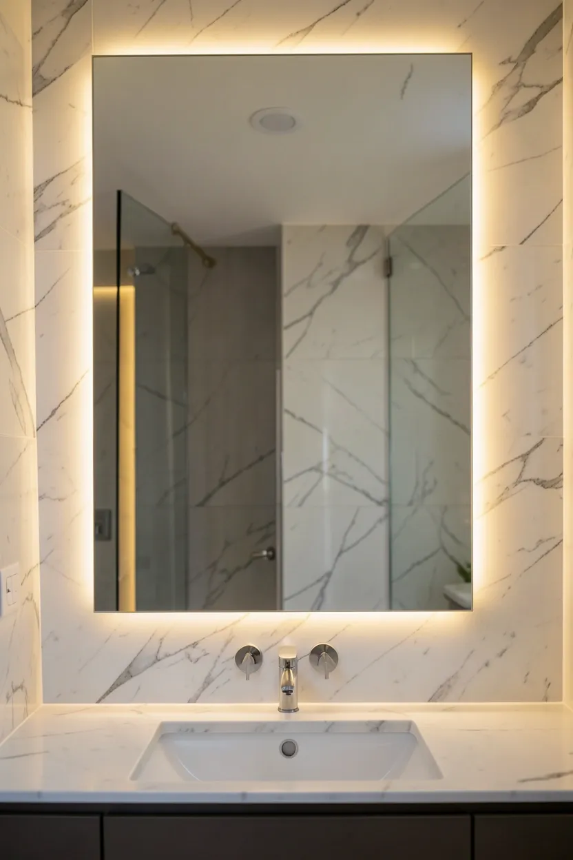 Frameless bathroom mirror with integrated LED backlight halo creating a modern sophisticated vanity glow
