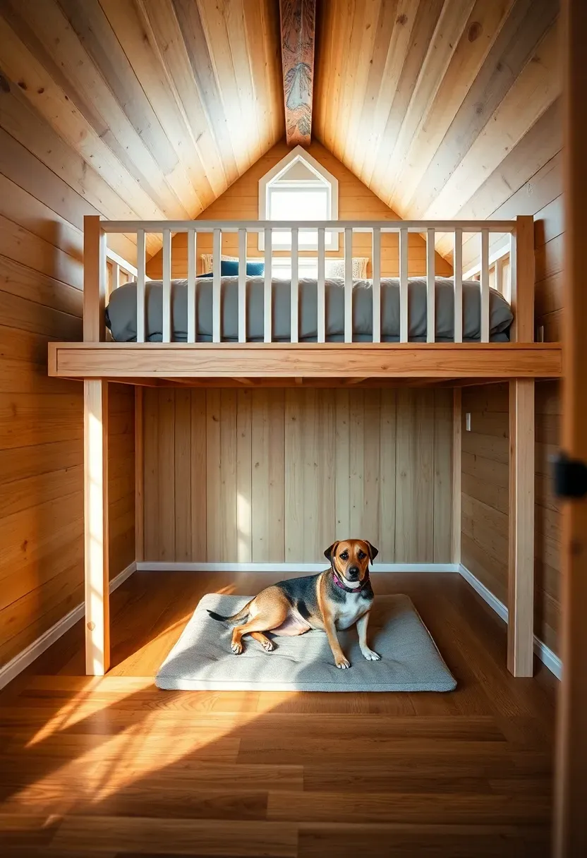 Hyper-realistic 3/4 view of tiny house loft bedroom with elevated platform bed and dog zone beneath, showing 28-inch clearance with built-in dog bed platform, washable cushion, visible loft ladder with dog-safe rail spacing, warm ambient lighting. Materials: light wood platform, white railings, removable cushion cover in warm gray, smooth wood floor below. Warm diffused light from dormer window, soft shadows, visible tiny house context—sloped ceiling, exposed beam, minimalist bedding. Shallow depth of field on dog zone.</p>
