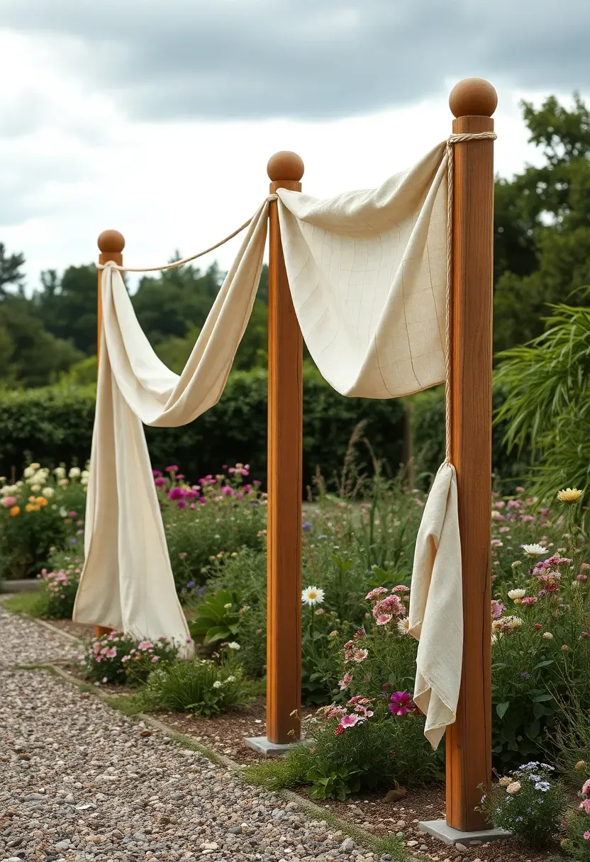 loose fabric swags draped between wooden posts over a backyard path