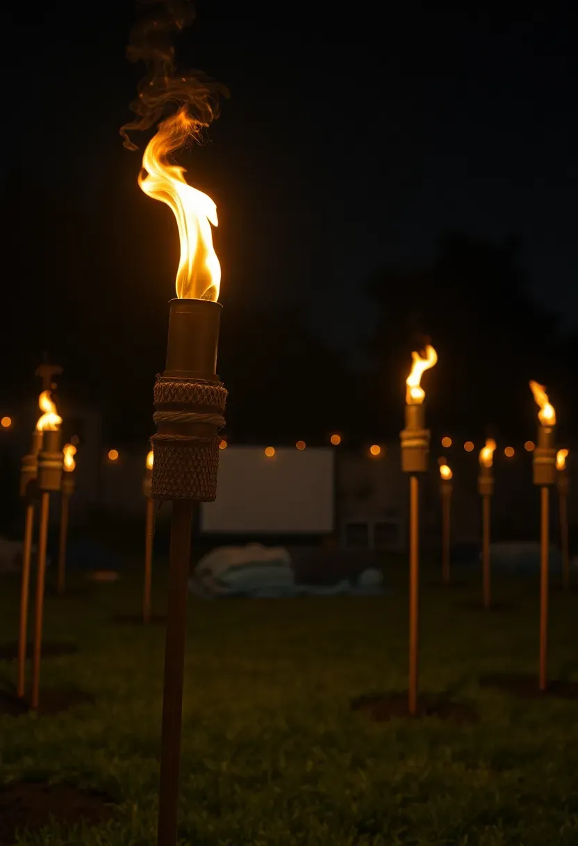 Lit bamboo tiki torches placed around the perimeter of a backyard movie night area with warm flickering flames against a dark sky