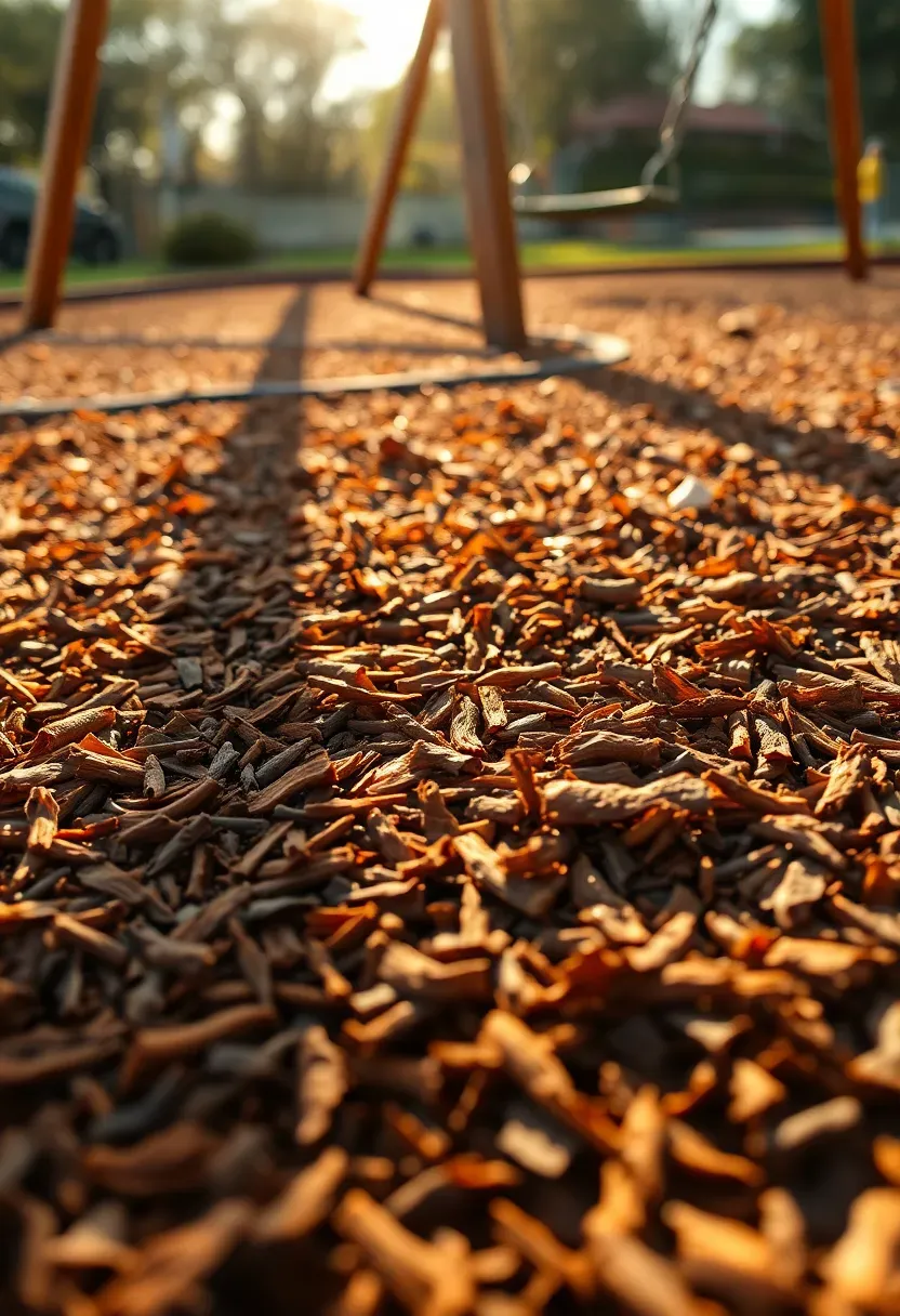 Thick layer of brown rubber mulch covering a playground area with wooden borders, showing close-up texture detail
