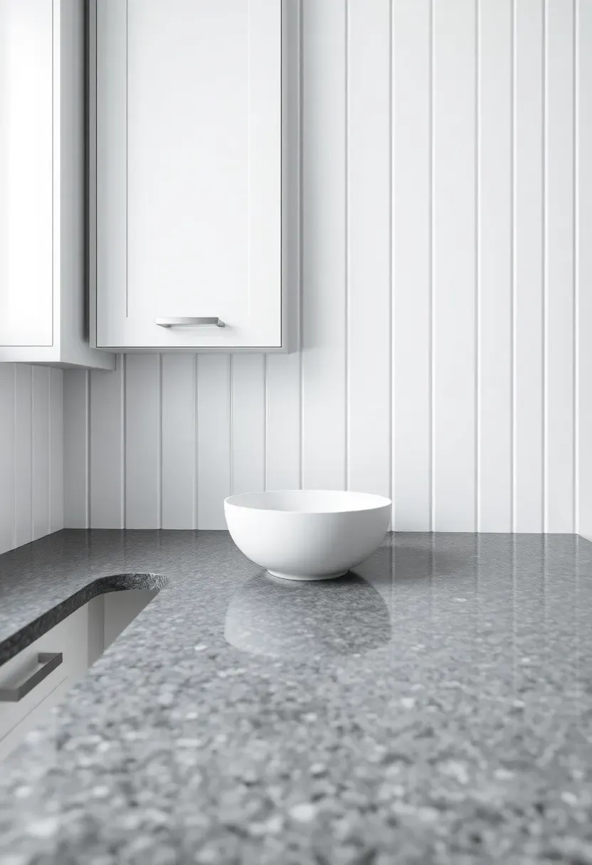 vertical stack bond matte white tile backsplash in a minimal kitchen with white cabinets and gray granite countertop