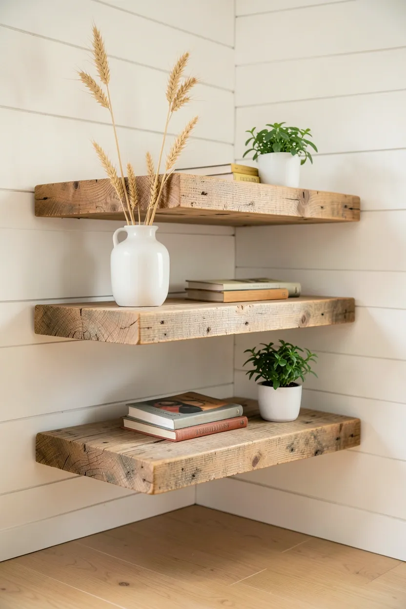 Reclaimed wood floating shelves with curated minimal decor in a farmhouse-style rental living room