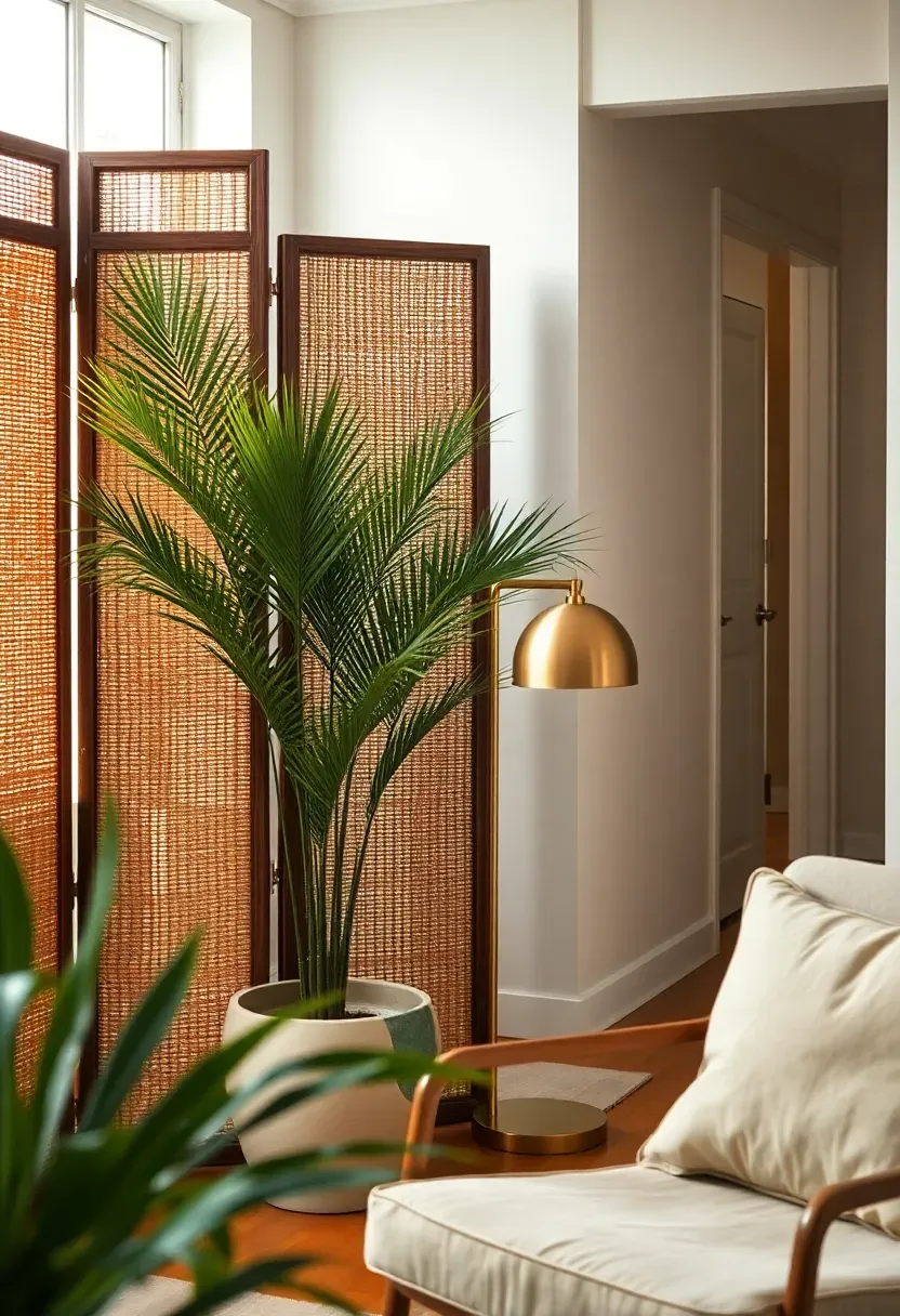Three-panel folding screen with woven rattan panels dividing an apartment sunroom from the adjacent hallway, potted palm visible on one side, a reading lamp and chair on the other