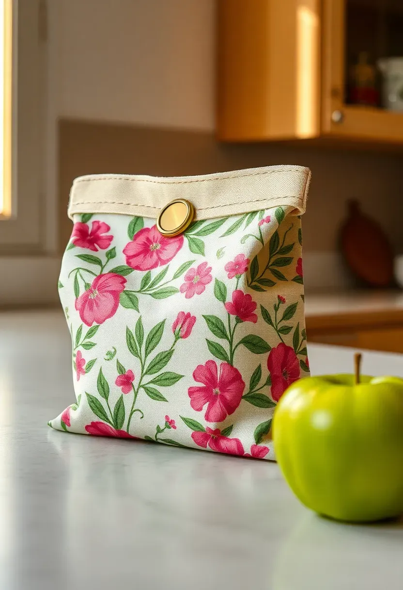 reusable beeswax food pouch in floral fabric with snaps closed on a kitchen counter beside fresh fruit