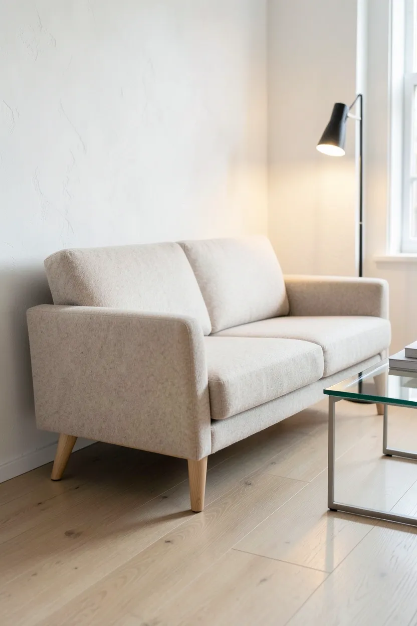 Compact cream two-seater sofa with slim exposed wood legs in a small Scandinavian living room with light flooring