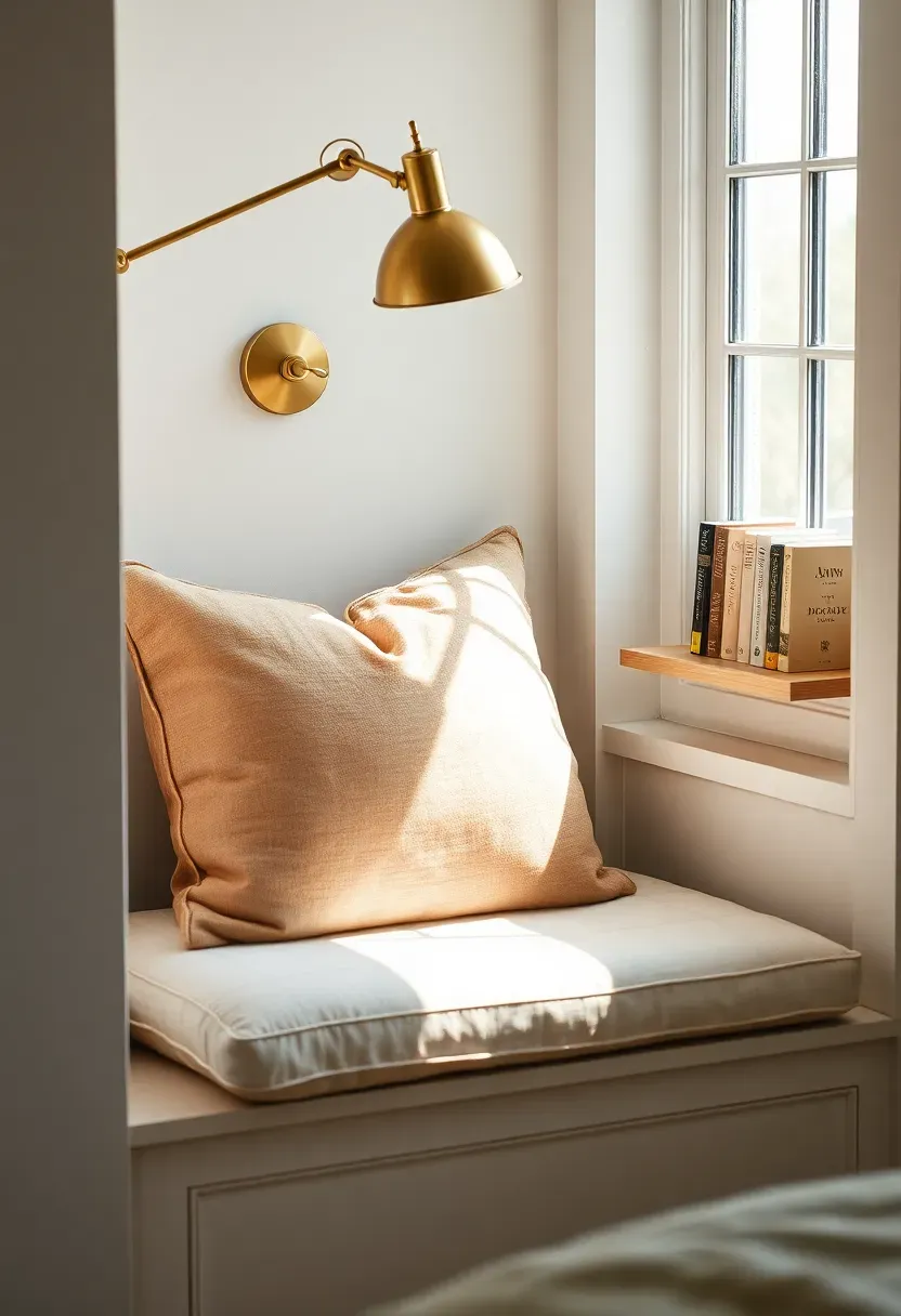 dedicated reading nook zone in a bedroom corner with built-in bench window seat cushion and bookshelf