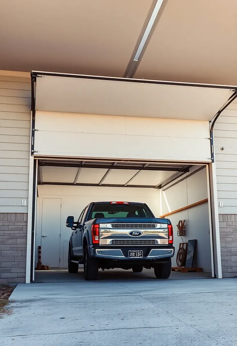 Oversized single-bay attached garage with extra-tall door accommodating a full-size pickup truck