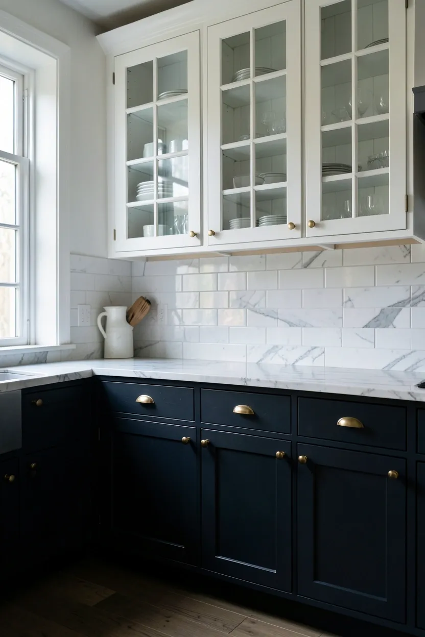 Hyper-realistic eye-level photograph of an elegant kitchen with contrasting cabinet colors. Upper cabinets are white with glass-front panels, while lower cabinets are a deep charcoal navy with brass pulls. The color contrast creates visual interest while maintaining elegance. Marble countertops and white subway tile backsplash. Natural light from window. Materials: white lacquer, painted navy finish, marble, brass. Dramatic and sophisticated mood. Sharp focus on the color transition between upper and lower cabinets. No text, no logos, no watermarks.</p>