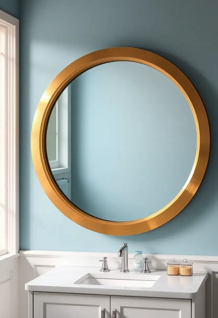 Large round porthole-style bathroom mirror with thick brass frame above a vanity