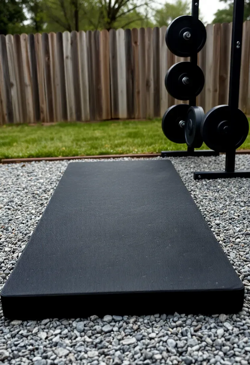 Rubber gym mat platform set on a compacted gravel base in a backyard with a barbell rack and weight plates nearby