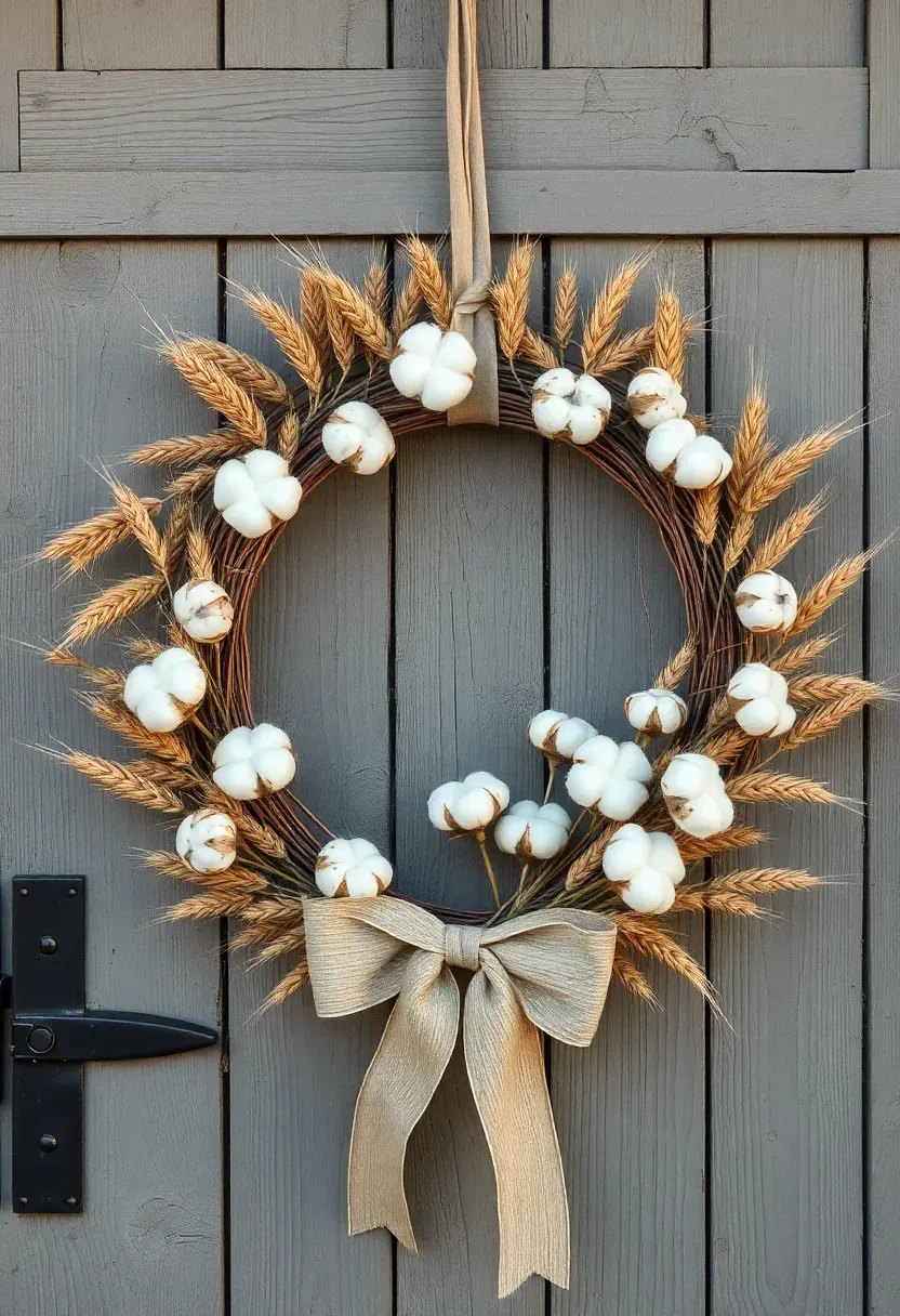 neutral wheat and cotton boll Easter wreath with dried grains and fluffy cotton on a barn door