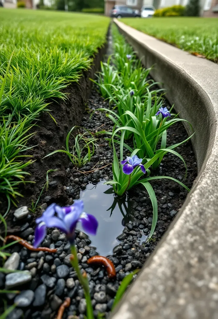 Bioswale and rain garden after rainfall with grass-lined channel, native rushes, sedges, and purple iris in a planted basin