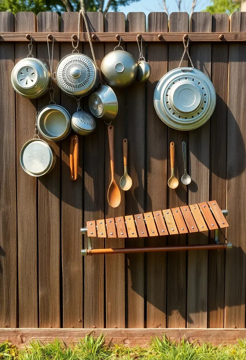 An outdoor music wall for kids mounted on a backyard fence, featuring hanging pots, pans, metal lids, wooden spoons, and a xylophone made from copper pipe