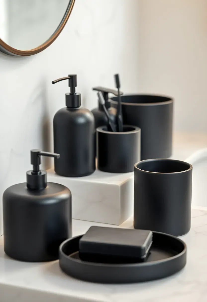 Curated matte black bathroom accessories — soap dispenser, toothbrush holder, and tray — on a white vanity in an apartment