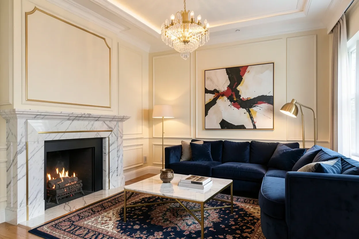 Modern luxury living room with cream walls, marble fireplace, gold accents, and velvet seating — welcoming high-end apartment interior