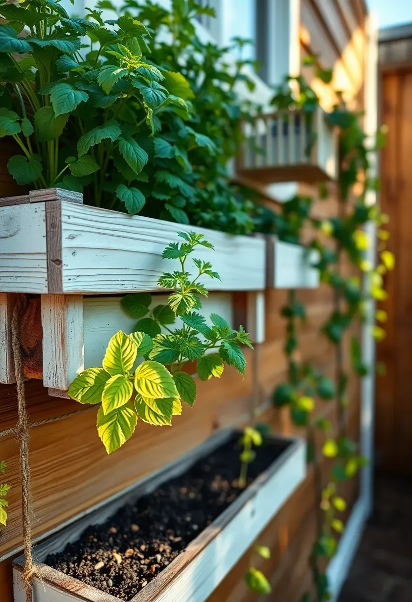 Hyper-realistic 3/4 view of tiny house exterior wall with vertical garden system—white wooden trough planters at multiple heights with thriving herbs (basil, parsley, thyme), climbing pea vines on string trellis. Materials: weathered wood planters, jute twine trellis, rich dark soil, vibrant green plants. Warm afternoon sunlight creating dappled shadows. Water droplets on leaves from recent watering. Tiny house cedar siding visible in background. Shallow depth of field, sharp focus on basil leaves. No text, no logos, no watermarks.</p>