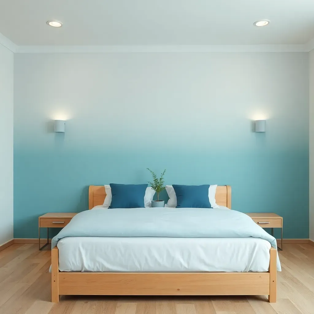 Blue-Green Gradient Wall with Natural Wood Bed Frame