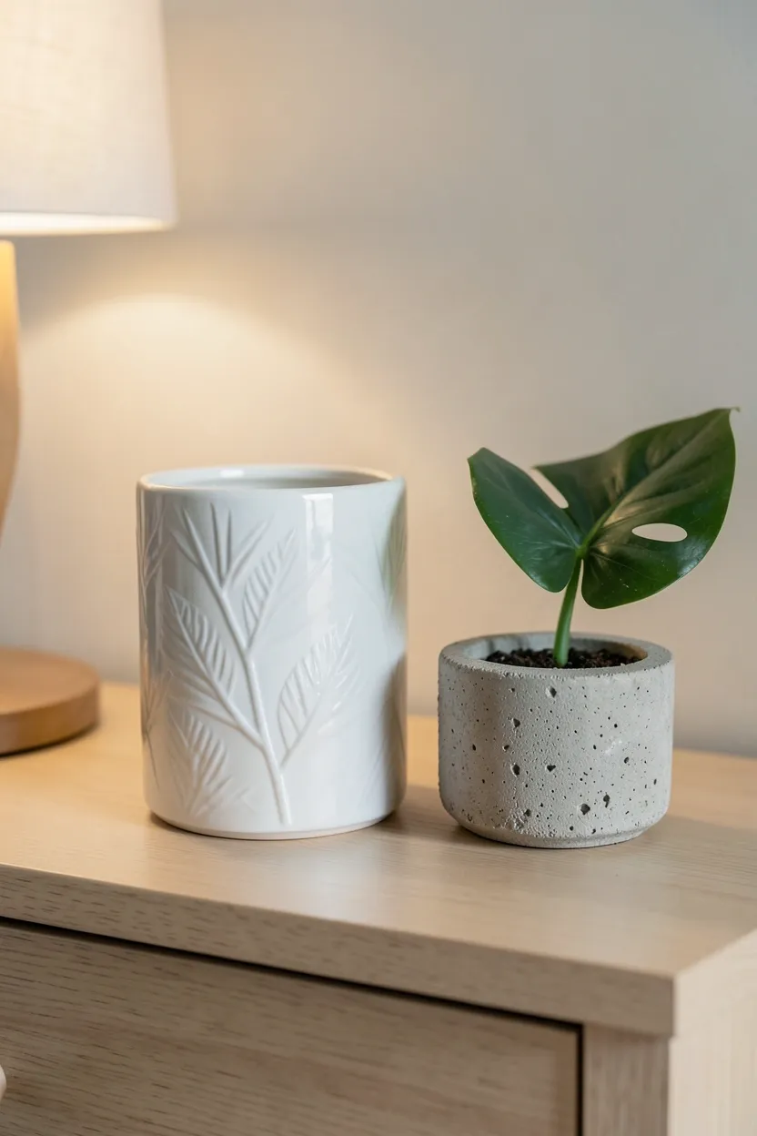 Matte white ceramic vase and concrete bowl on wooden nightstand in tropical Japandi bedroom