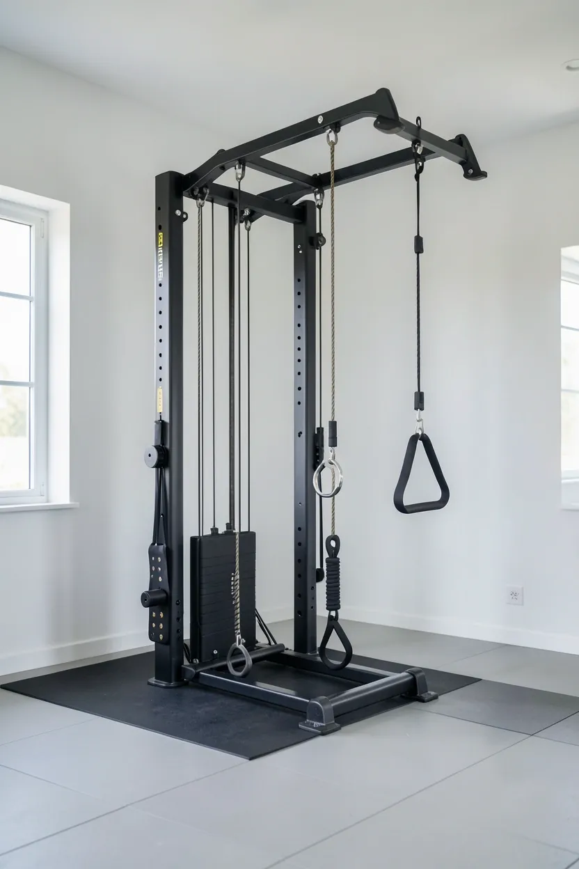 Wall-mounted dual-pulley cable resistance training system in a small gym room with clear rubber flooring — complete strength training with zero floor footprint