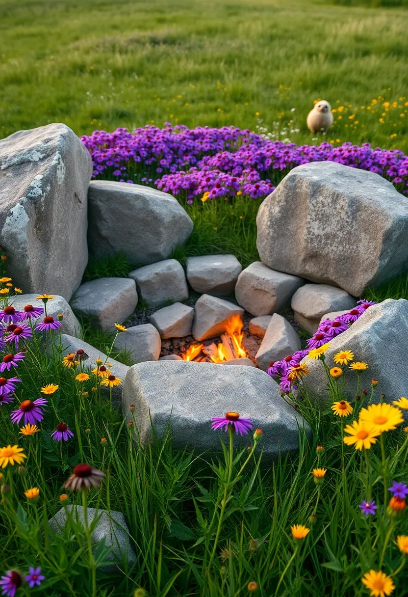Fire pit ringed by natural boulders in a wildflower meadow with purple coneflowers and black-eyed Susans