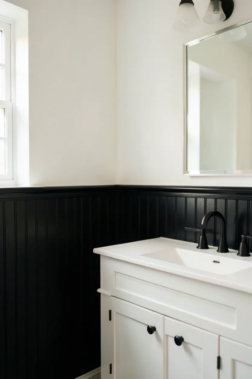 Black painted beadboard wainscoting on lower bathroom wall with white upper walls — classic architectural detail for a rental bathroom on a budget