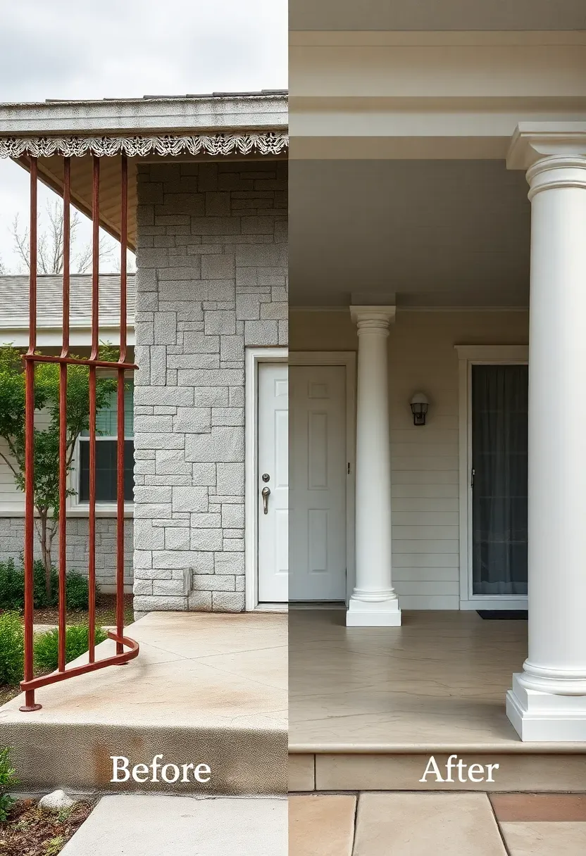 Before and after ranch porch showing thin wrought iron railings replaced with tapered white craftsman columns