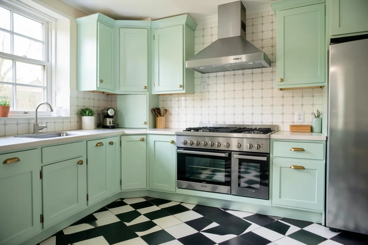 Modern vintage kitchen with pastel cabinets, brass fixtures, and checkerboard floor — retro style meets contemporary functionality