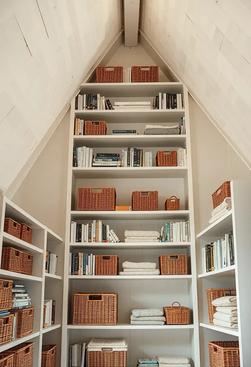 tall open shelving tower built at attic peak with books and baskets on shelves, white painted wood