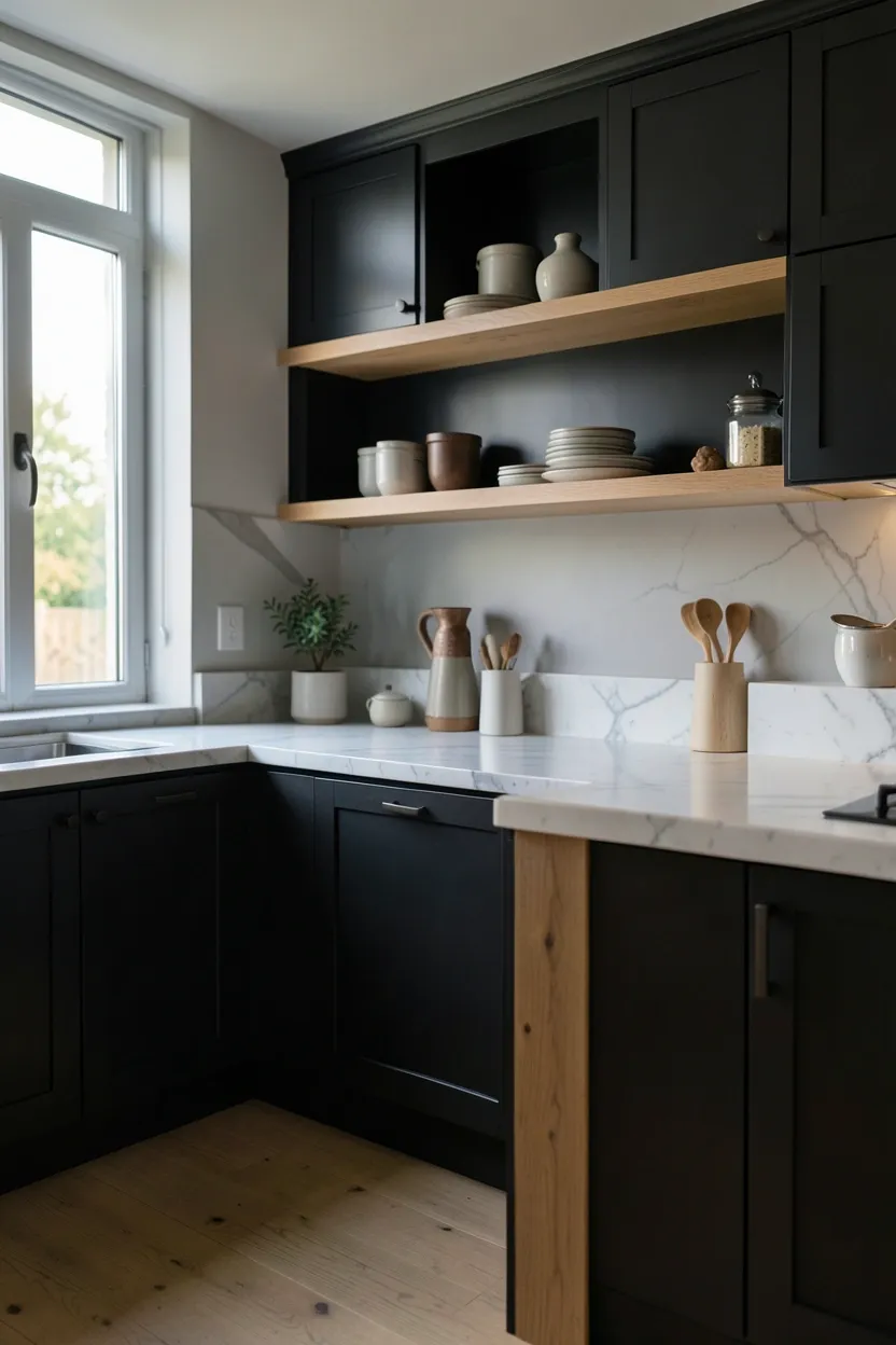 Hyper-realistic eye-level photograph of a moody kitchen with dark charcoal cabinets, light oak floating shelves, oak island base, white marble countertops. Morning light from large window. Materials: charcoal finish, natural oak, white marble. Balanced mood. Shallow depth of field, sharp details on shelf items. No text, no logos, no watermarks.</p>