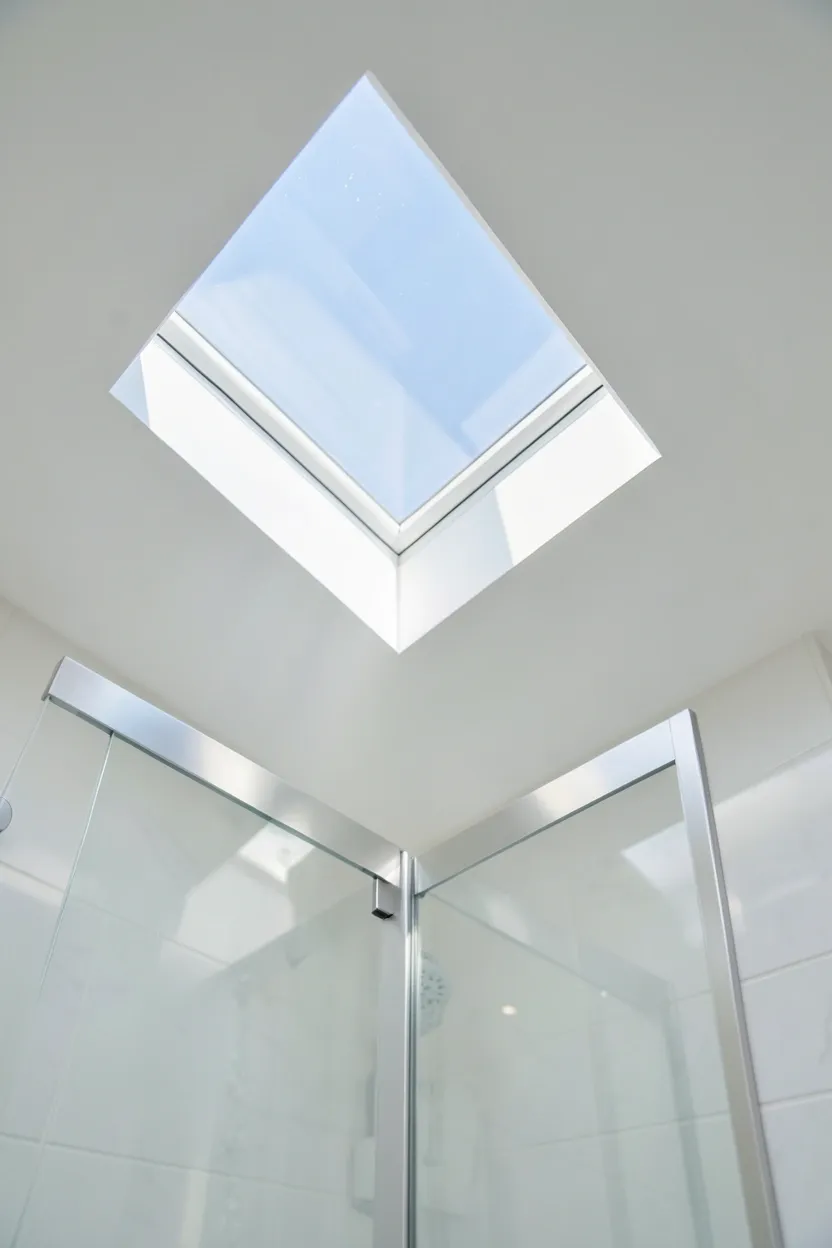 Double floating vanity with light oak drawer fronts and dual white sinks in a spacious modern bathroom