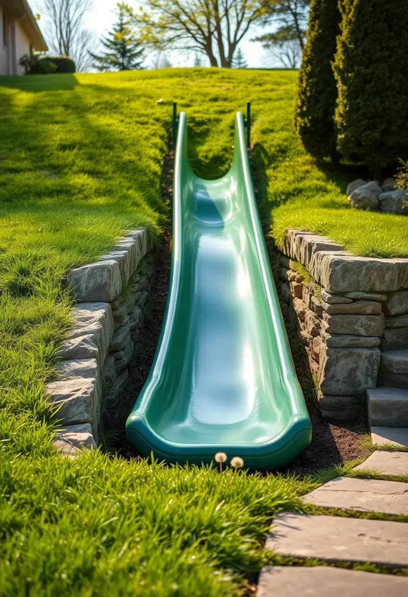 Wide plastic slide built into a grassy hillside with stone retaining walls on each side and stepping stones leading to the top