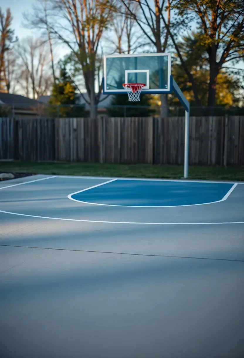 Backyard half-court basketball pad with concrete surface, painted lines, adjustable hoop, and post-mounted LED floodlight
