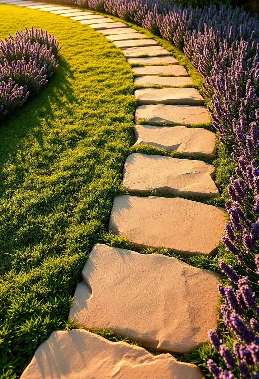 Natural sandstone stepping stones set into a lawn forming a curved garden path with low ground cover plants between each stone and lavender along the edges