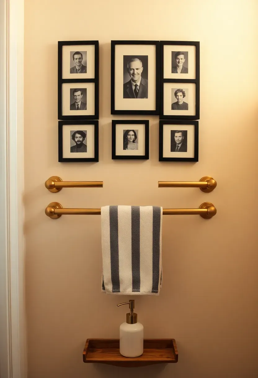 Tight cluster of six small framed black and white photographs grouped above a brass towel bar holding a striped cotton hand towel