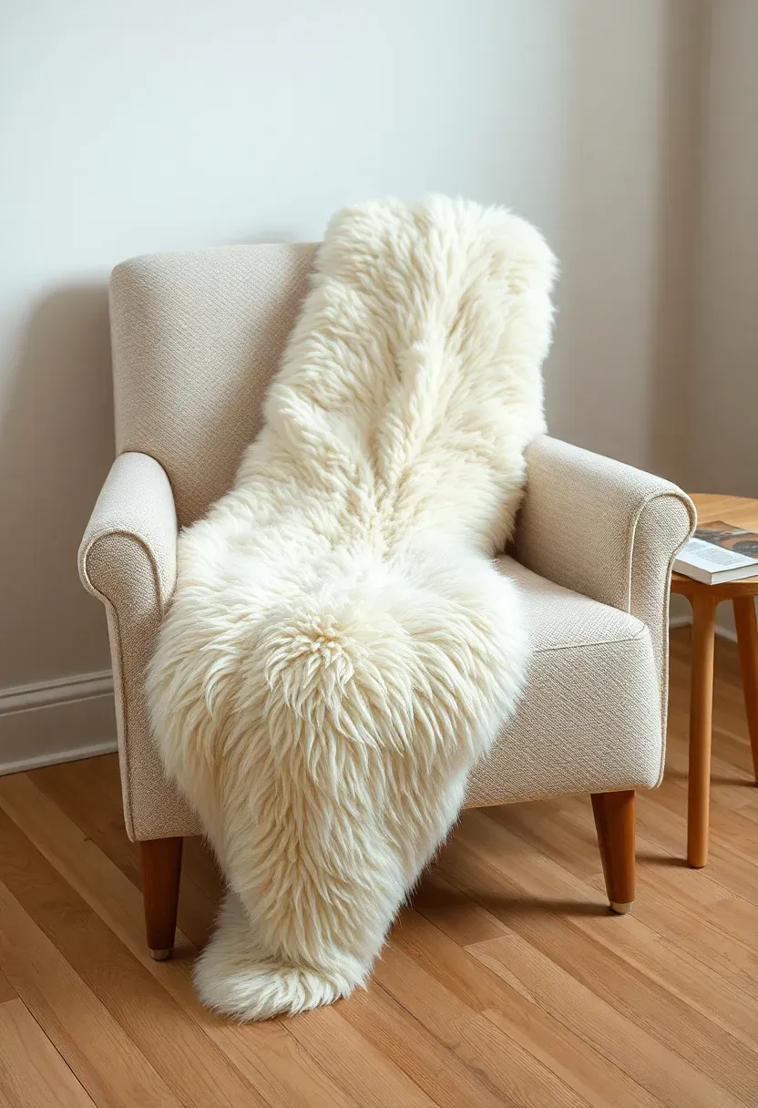 Hyper-realistic medium shot of a natural white sheepskin rug draped over the arm of a light beige boucle armchair. The sheepskin has visible wool texture, natural cream color, soft casual drape. The chair sits on light oak flooring, with warm white walls behind. A small round oak side table nearby with a book. Natural soft lighting. Materials: sheepskin wool, boucle fabric, oak wood. Cozy textural contrast. Clean composition. No text, no logos, no watermarks.</p>