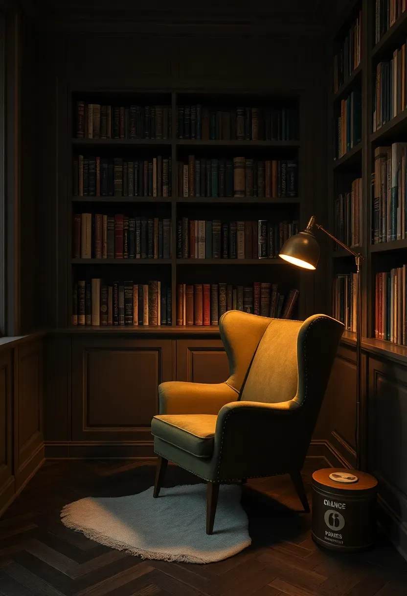 cozy study painted in moody mushroom with floor-to-ceiling bookshelves and velvet reading chair