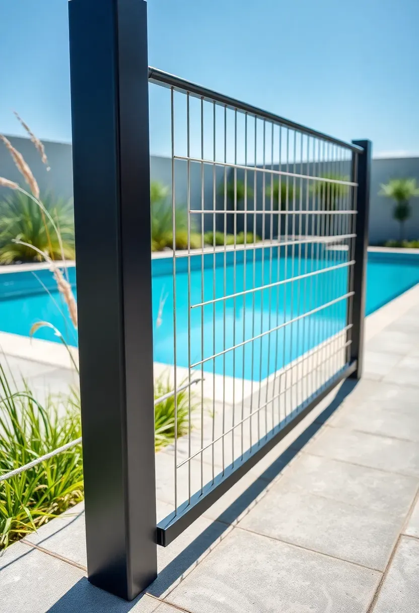 Modern gate with thin horizontal cable rails stretched between black metal posts in a minimalist backyard with concrete pavers