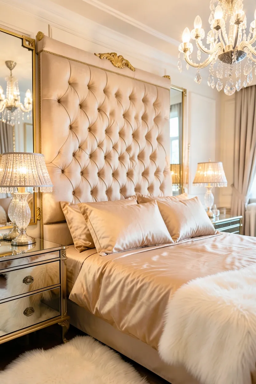 Sophisticated Champagne Silk Headboard with Mirrored Details
