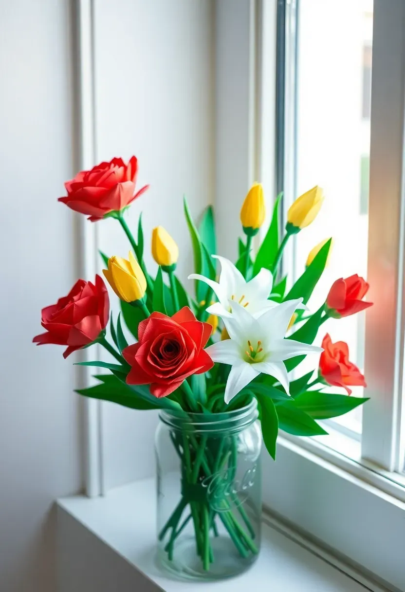 bouquet of colorful origami flowers in various designs arranged in a mason jar