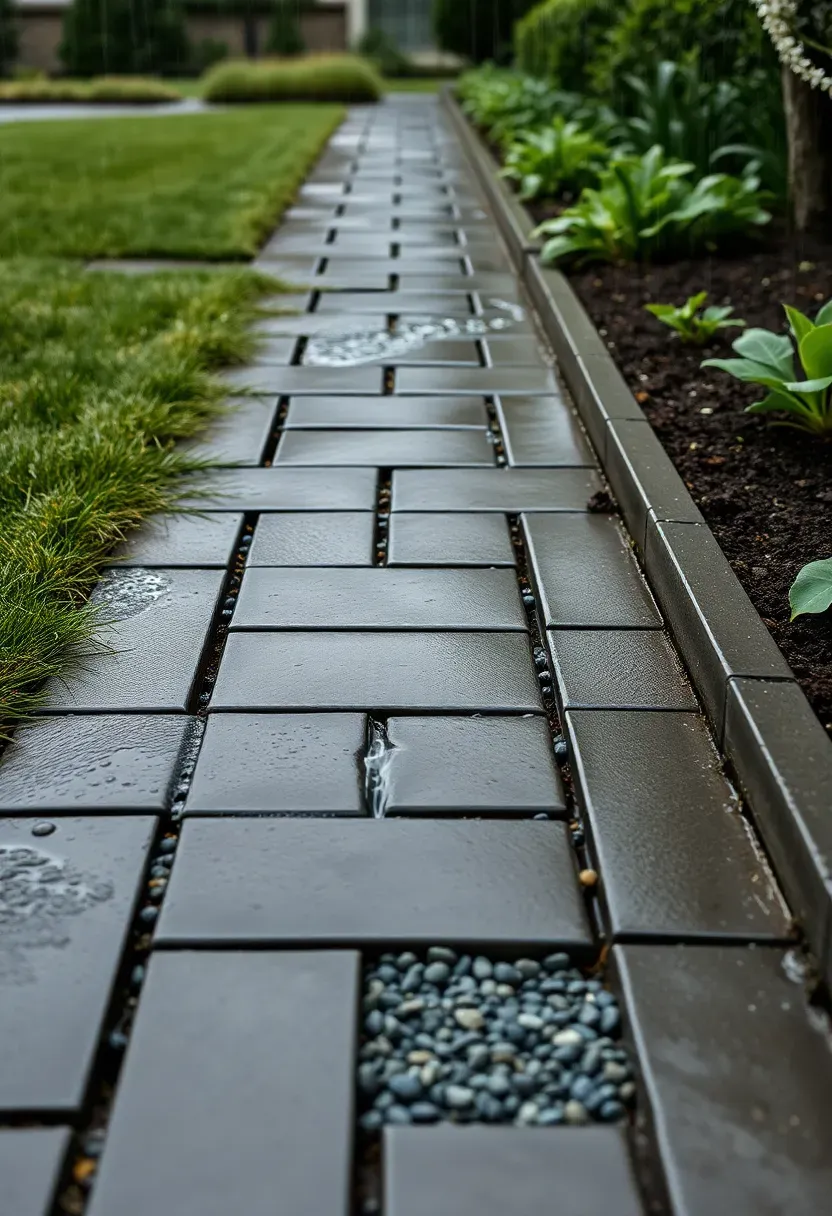 Permeable paver patio with visible gravel-filled gaps and rainwater draining between pavers during a light rain