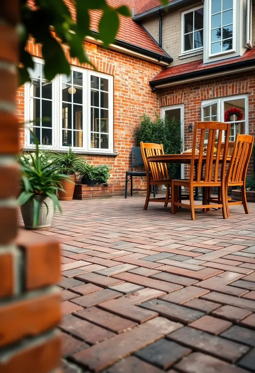 Brick patio with classic herringbone pattern