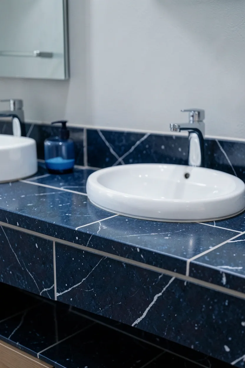 Large bathroom mirror with weathered reclaimed wood frame showing natural green-gray patina, mounted above a white vanity in a bright rental bathroom